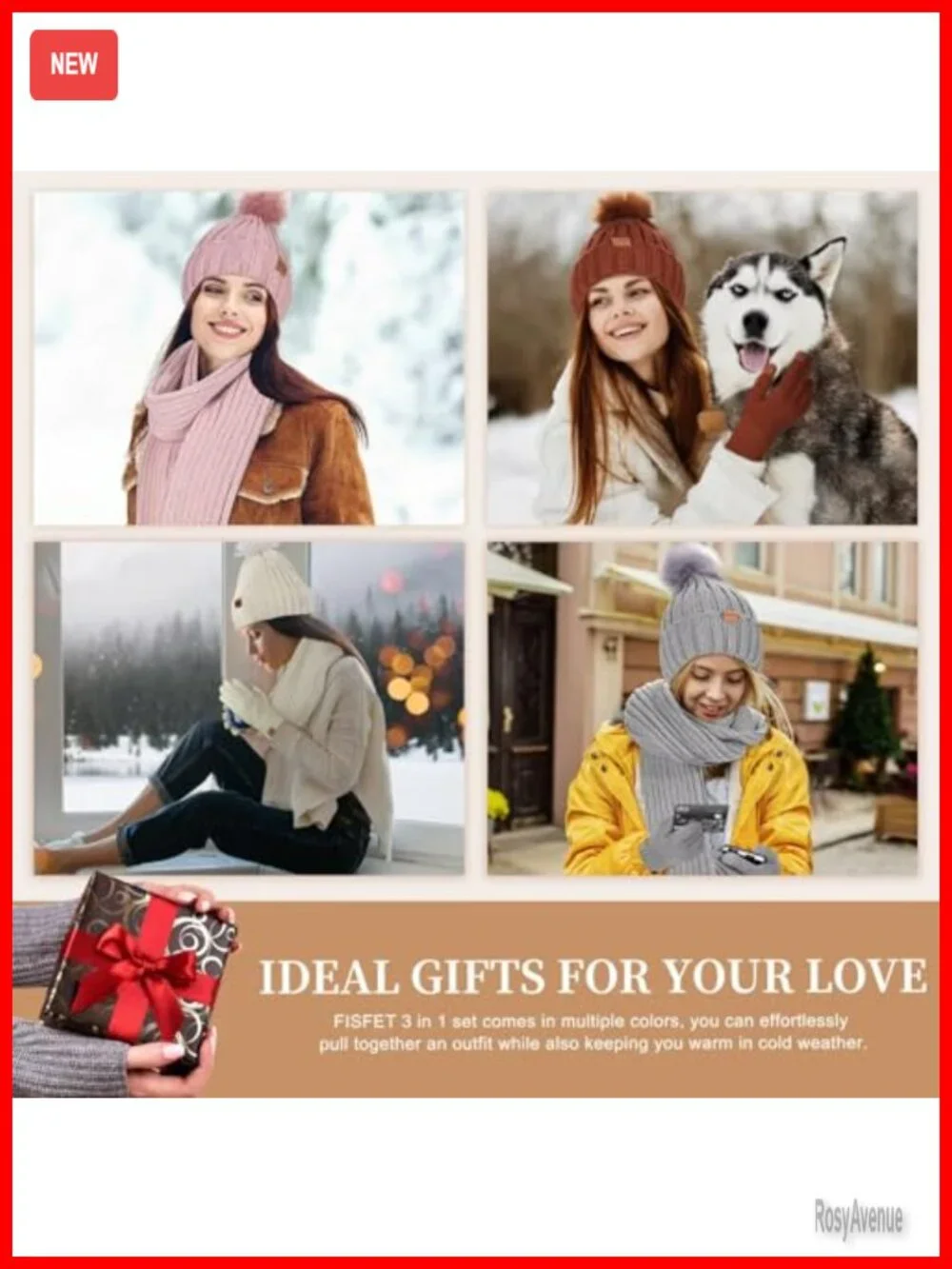 Winter Beanie Hat Scarf Gloves Set Touchscreen Thermal Fleece Lined 3 in 1